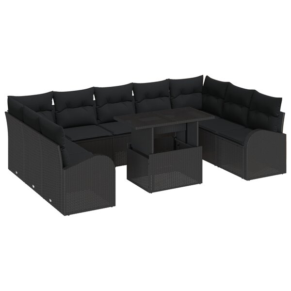 Ensemble de Canapé de Jardin 10 Pièces avec Coussins en Rotin Poly Noir