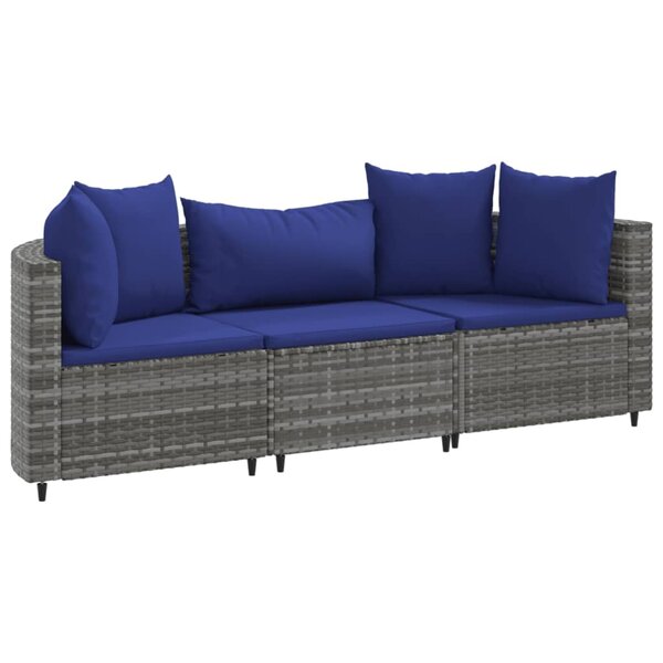 vidaXL Salon de jardin avec coussins 3 Pièces gris résine tressée