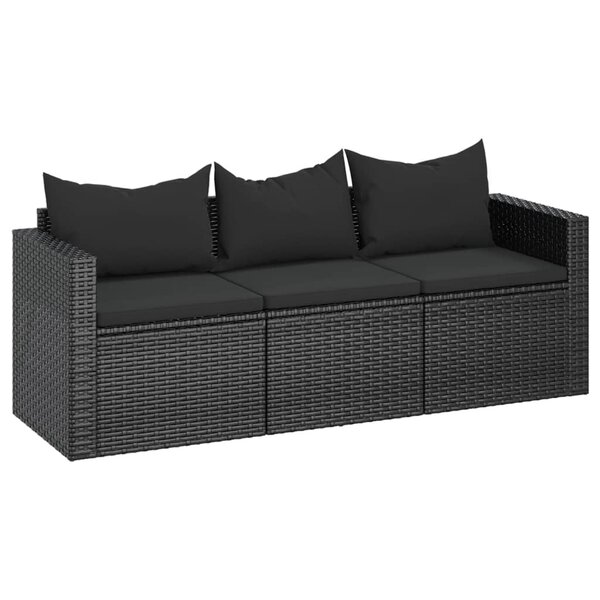 vidaXL Canapé de jardin à 3 places avec coussins noir résine tressée