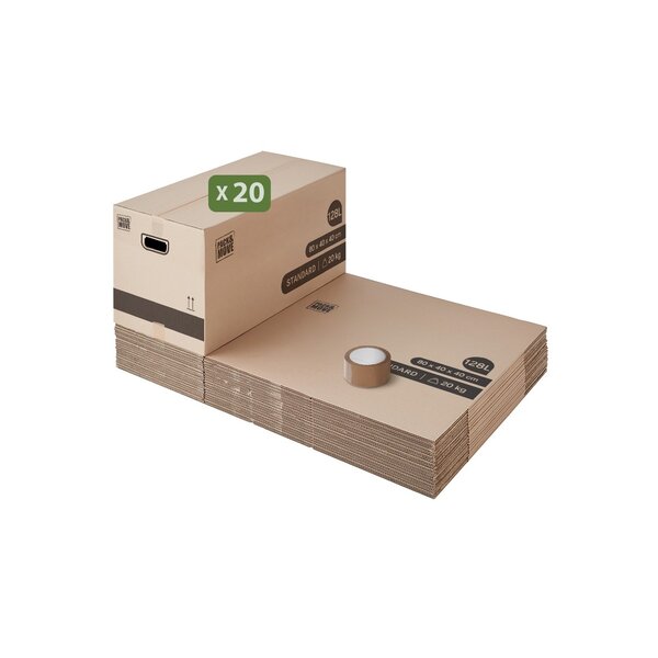 Pack and Move - Lot 20 cartons déménagement XL - 80 x 40 x 40 cm - Poignées renforcées - 1 adhésif offert