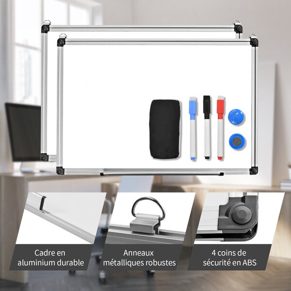 Tableau blanc magnétique 60 x 40 cm avec 2 aimants et 3 stylos pour organisation pratique en aluminium blanc 20_0014131