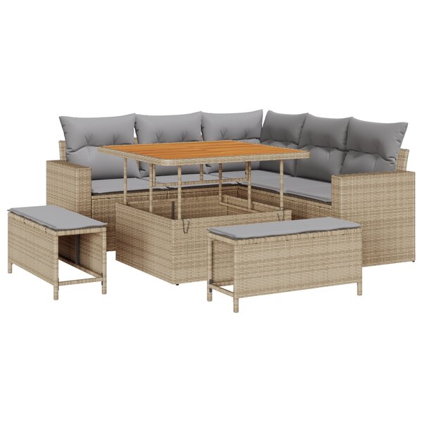Ensemble de Canapé de Jardin 8 Pièces avec Coussins Beige Rattan Poly Acacia