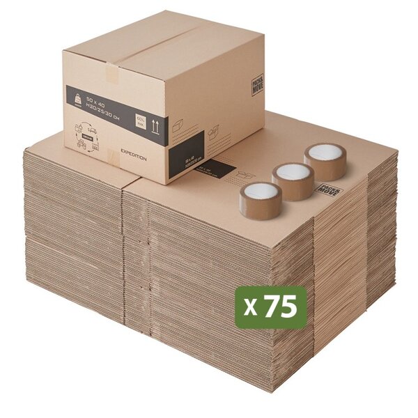 Pack and Move - Lot 75 cartons déménagement hauteur modubale : variable - 50 x 40 x 20-30 cm - Poignées renforcées - 3 adhésifs offerts