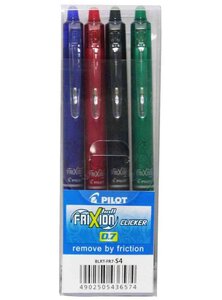 Lot de 4 Stylo roller FRIXION BALL CLICKER 07 BASIQUE Bleu, Noir, Rouge, Vert PILOT
