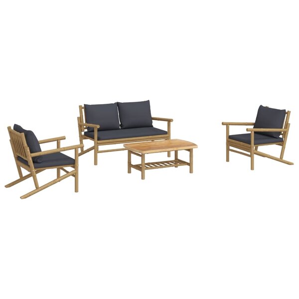 Salon de jardin meuble d'extérieur ensemble de mobilier 4 pièces avec coussins gris foncé bambou 02_0016135