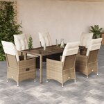 vidaXL Ensemble à manger de jardin et coussins 7 Pièces beige poly rotin