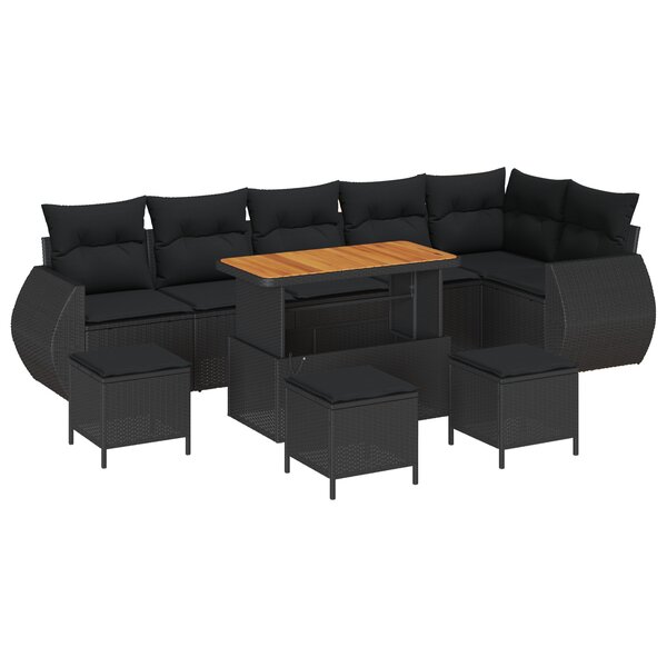 vidaXL Ensemble de Canapés de Jardin 10 Pièces avec Coussins Noir Poly Rattan Acacia