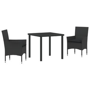 Ensemble de salle à manger jardin 3 pièces avec coussins en rotin poly noir