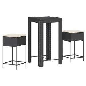 vidaXL Ensemble de bar de jardin 3 Pièces avec coussins noir poly rotin