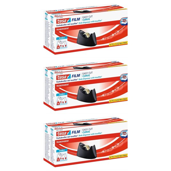 Dévidoir tesafilm Easy Cut Curve Noir avec Rouleau Transparent 10mx19mm x 3 TESA
