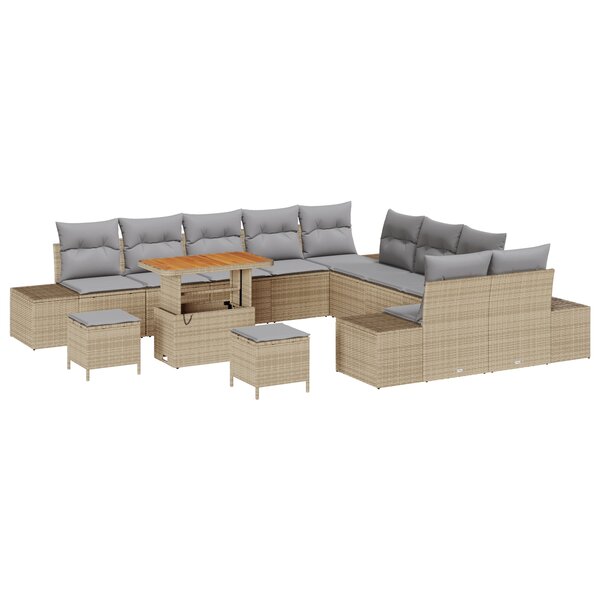 Ensemble de Canapé de Jardin de 13 Pièces Avec Coussins Beige Poly Rattan Acacia