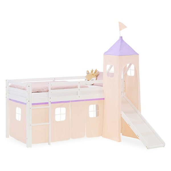 Lit mezzanine 90x200cm avec toboggan  tour et rideau pin violet/pêche