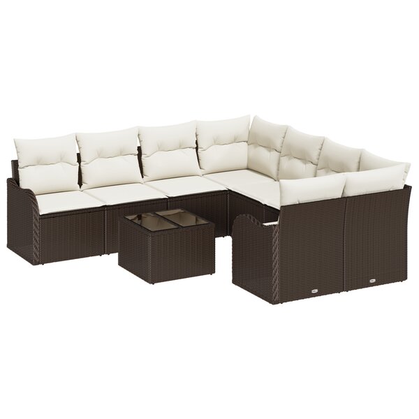 Canapé de jardin 9 pièces avec coussins en poly rattan marron