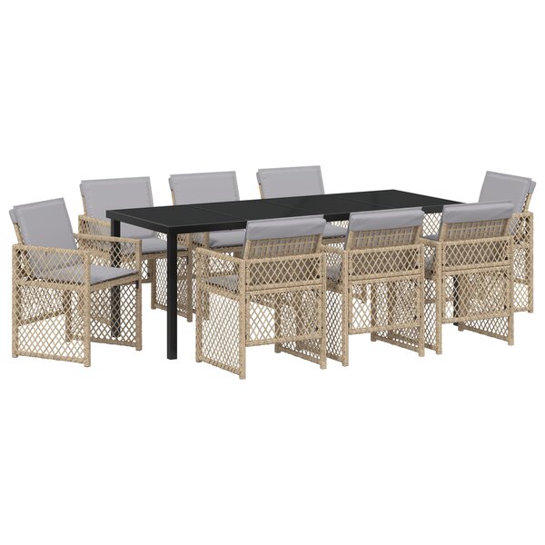 Ensemble de Salle à Manger de Jardin 9 Pièces avec Coussins Beige Rattan Poly