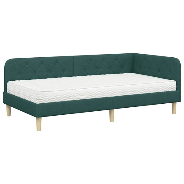 vidaXL Cadre de lit d'angle avec matelas Vert foncé 90 x 200 cm tissu