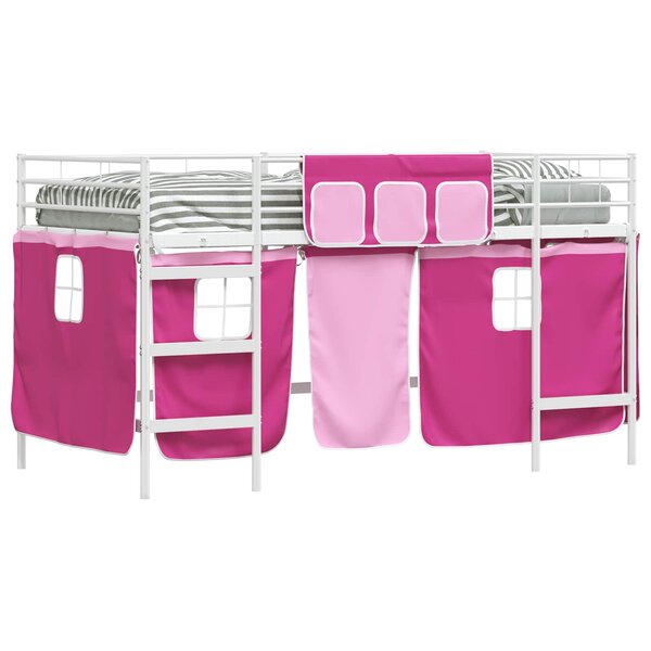 vidaXL Cadre de lit superposé pour enfants avec rideaux Blanc et rose