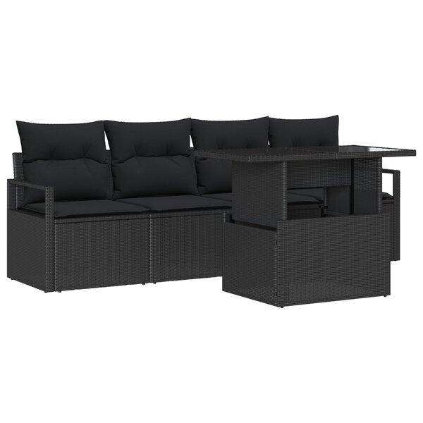 Ensemble de canapé de jardin 5 pièces avec coussins en poly rotin noir vidaXL