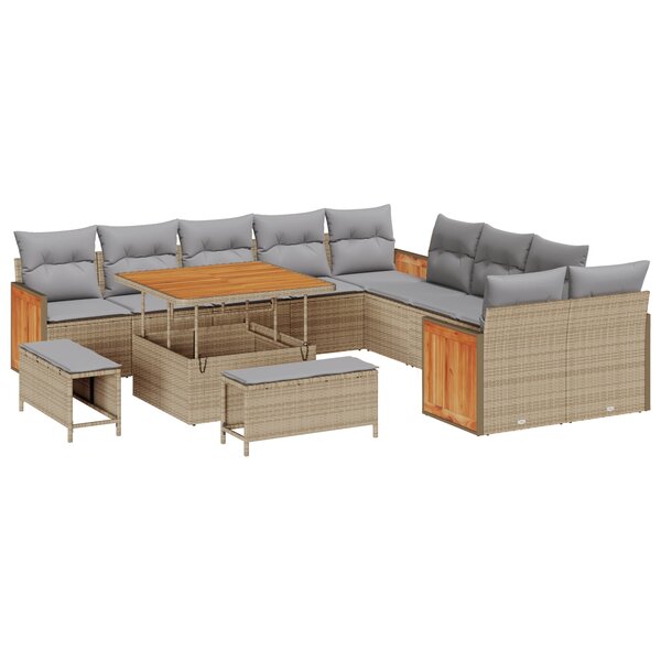 Ensemble de canapé de jardin 13 pièces avec coussins beige poly rotin acacia