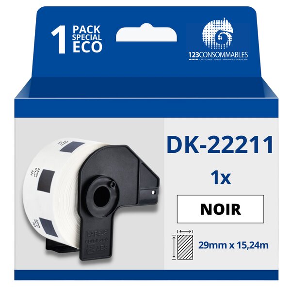 Étiquettes compatibles Brother DK22211 - Largeur 29 mm x 15 24 mètres - Texte noir sur fond blanc