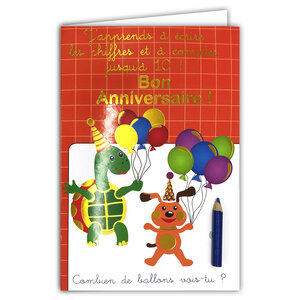 67-1101-B Carte Pédagogique Bon Anniversaire Jeux avec Crayon de couleur aléatoire et Enveloppe Jaune J'apprends à écrire les chiffres et compter jusqu'à 10 ballons pour Enfant Maternelle CP 4 5 6 ans