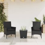 vidaXL Ensemble de bistro avec coussins 3Pièces noir résine tressée verre