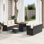 Canapé de jardin de 9 pièces avec coussins en poly rotin noir et acacia