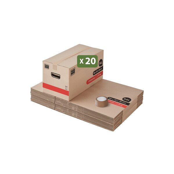 Pack and Move- Lot 20 Cartons Déménagement Premium - 60 X 30 X 30 Cm - Extrême Résistance 25KG - Réutilisable - Poignées Renforcées - 1 Adhésif Offert