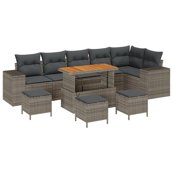 Set de 10 pièces canapé jardin gris poly rattan acacia