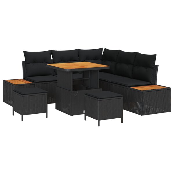 Ensemble de Canapé de Jardin de 8 Pièces avec Coussins Noir Poly Rattan Acacia