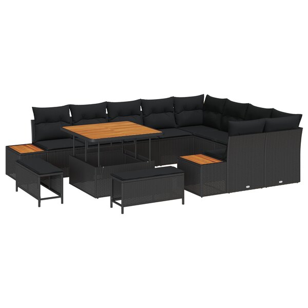 Ensemble de sofas de jardin 12 pièces avec coussins poly rattan noir et acacia