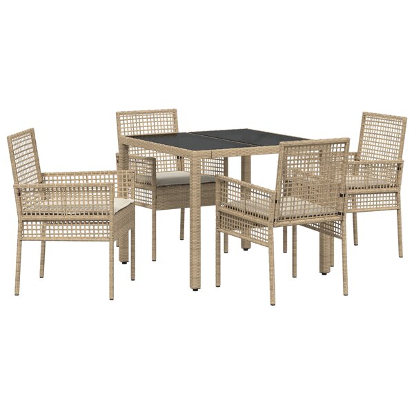 Ensemble de salle à manger de jardin 5 pièces avec coussins en poly rattan beige
