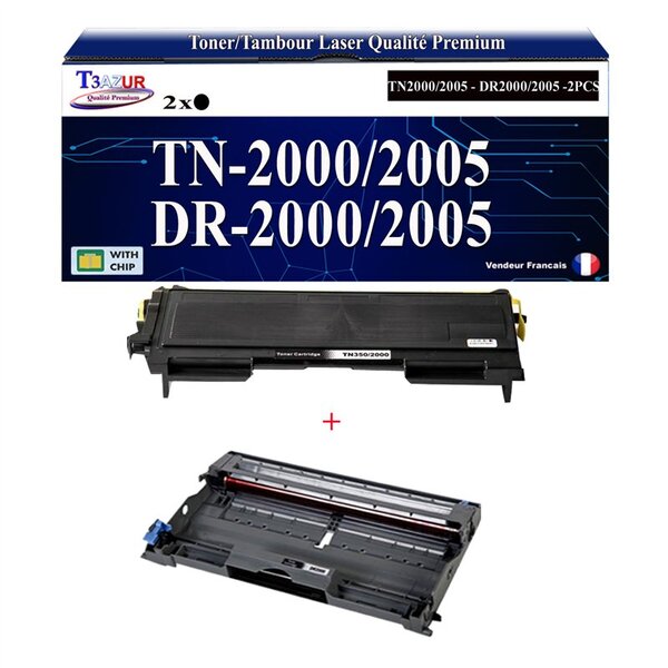 Kit Tambour+Toner compatible avec Brother TN2000  TN2005  DR2000  DR2005 pour Brother DCP2010  DCP7010  DCP7020  DCP7025 - 2 500 pages - T3AZUR