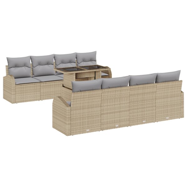 Ensemble de canapés de jardin vidaXL 9 pièces avec coussins beiges en rattan poly