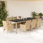 vidaXL Ensemble à manger de jardin et coussins 9 Pièces beige rotin verre