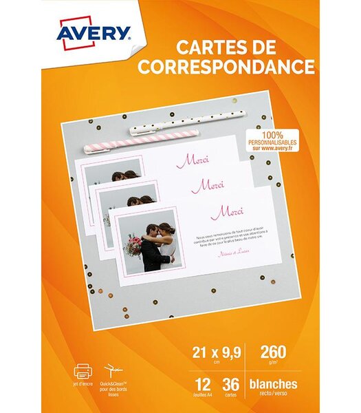 Etui de 36 Cartes de Correspondance 210x99mm Blanches personnalisables Bords lisses AVERY