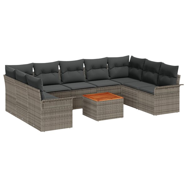 Ensemble de Canapés de Jardin 10 Pièces avec Coussins Gris Poly Rattan Acacia