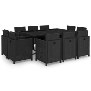 vidaXL Ensemble à manger d'extérieur 11 Pièces coussins poly rotin noir