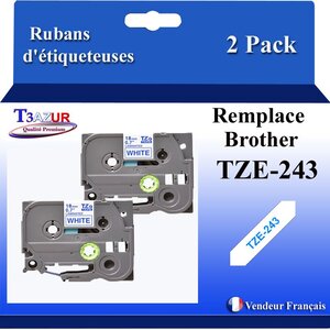 2x Rubans d'étiqueteuses compatibles avec Brother Tze243  Tze-243 pour étiqueteuses P-touch - Texte bleu sur fond blanc - Largeur 18 mm x 8 mètres - T3AZUR