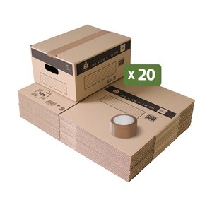 Pack and Move - Lot 20 cartons déménagement stockage S - 36 x 28 x 18 cm - Poignées renforcées - 1 adhésif offert