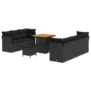 Ensemble de canapés de jardin de 10 pièces avec coussins en poly rattan noir et acacia