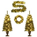 vidaXL Arbres de Noël artificiels 2 Pièces et couronne  guirlande et LED