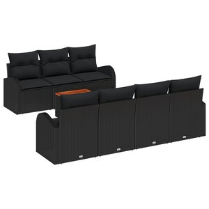 vidaXL Ensemble de 8 canapés de jardin avec coussins noirs poly rotin acacia