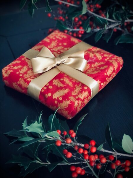 Papier cadeau réutilisable - Bouts de Houx (Rouge Coquelicot) 35x35cm Mat 100  Coton