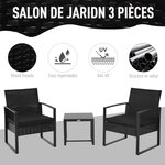 Salon de jardin 2 places 3 pièces 2 chaises avec coussins + table basse plateau verre trempé résine tressée 4 fils imitation rotin noir