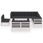 vidaXL Salon de jardin 10 Pièces avec coussins Blanc Bois de pin massif