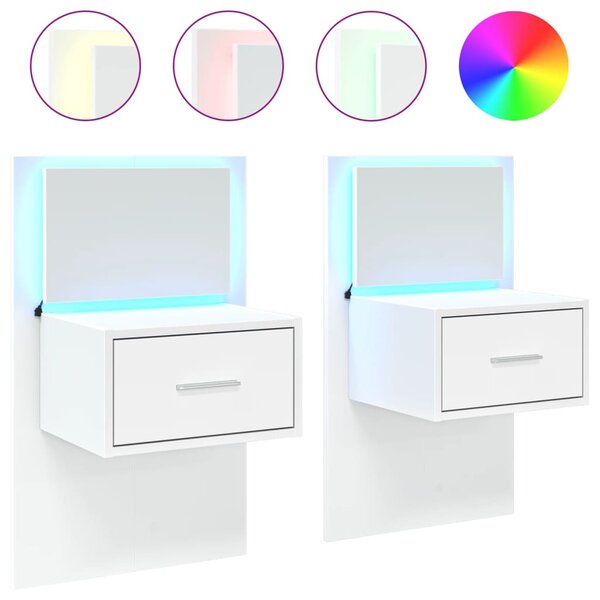 vidaXL Tables de chevet murales avec lumières LED 2 Pièces blanc