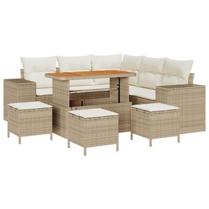 Ensemble de Canapés de Jardin de 9 Pièces avec Coussins Beige Rattan Poly Acacia