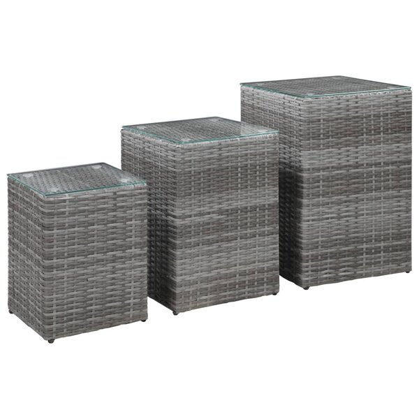 vidaXL Tables d'appoint 3 Pièces et dessus en verre Gris Résine tressée