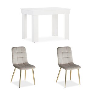 Table de salle à manger 90×60 cm blanche avec 2 chaises en velours crème