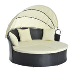 Lit canapé de jardin modulable grand confort pare-soleil pliable intégré 4 coussins 3 oreillers 171L x 180l x 155H cm métal résine tressée polyester noir beige
